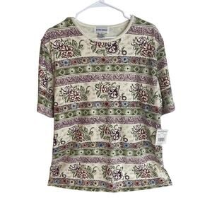 Alfred Dunner Large Women’s Beige Multi-Color Floral Shirt with Shoulder Pads